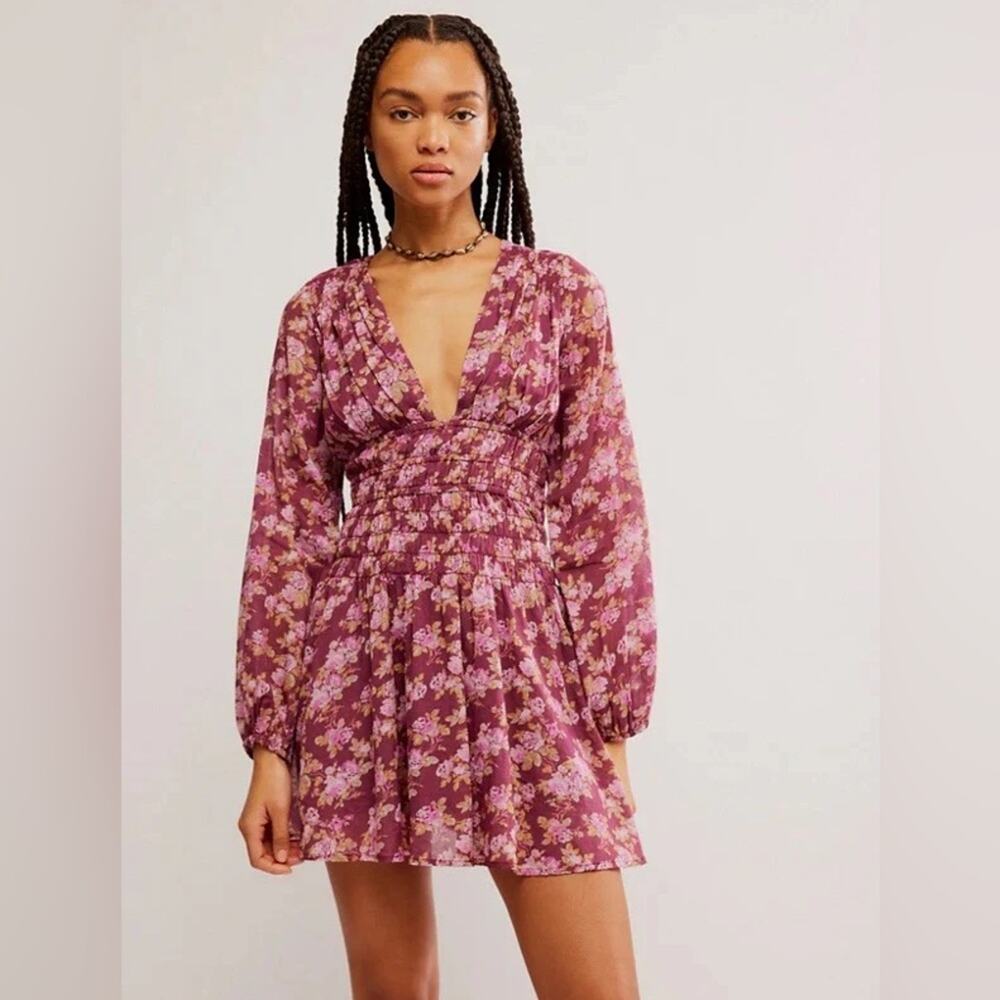 Free People Mauve Keep You Floral Smocked V Neck Mini Dress Berry Combo S